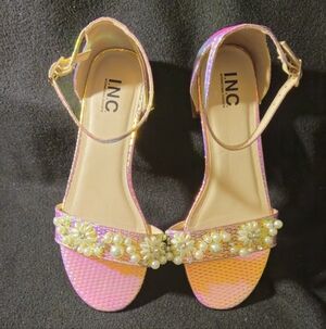 INC GIRLS Pink Iridescent Pearl-Embellished Ankle Strap Sandals - Size 3 to 4